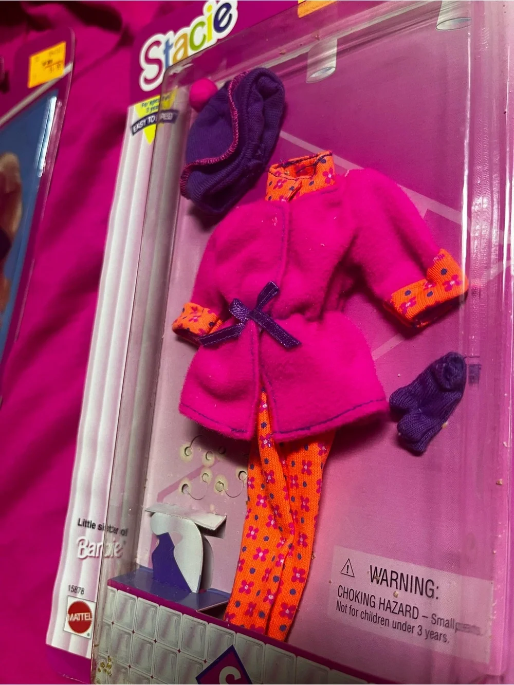 NRFB 1996 Barbie Stacie Doll Easy to Dress Fashion Outfit Pink Coat Set #15878